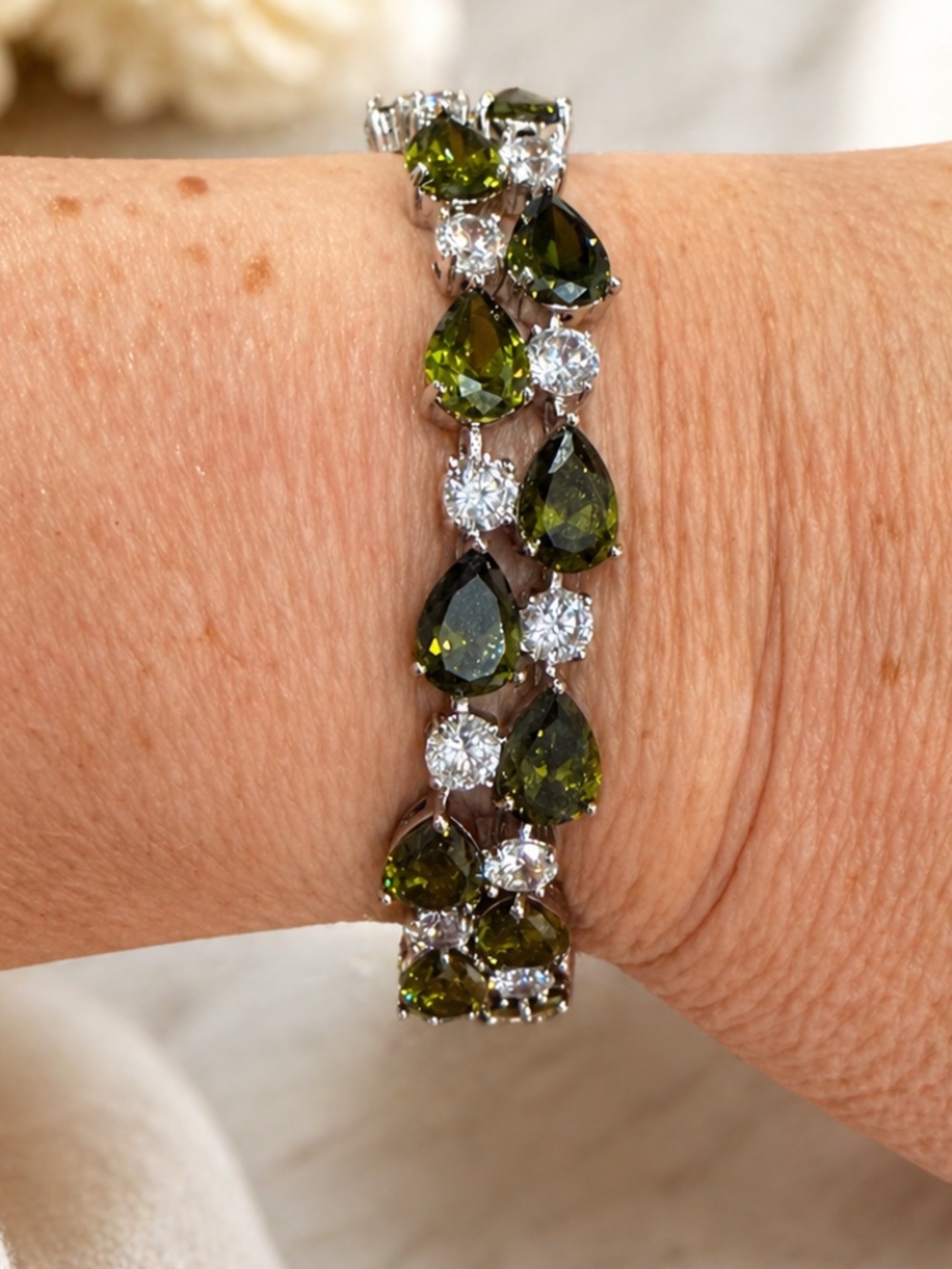 Green Olive and Clear CZ stone silver bracelet - double stacked